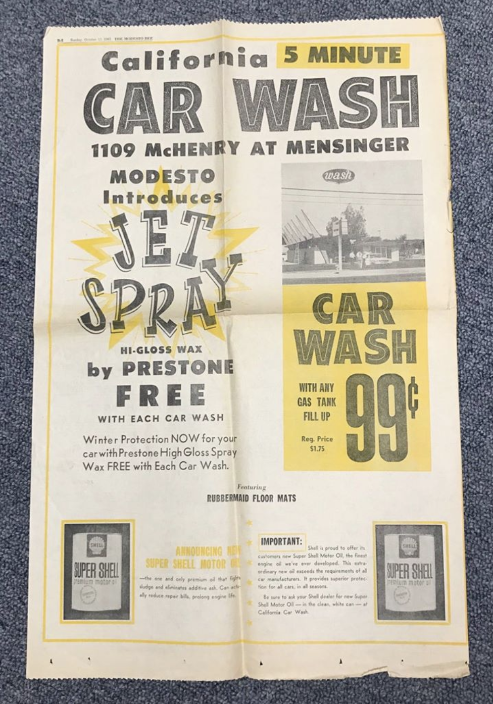 Original 5 Minute CarWash newspaper ad in the Modesto Bee, October 1963.