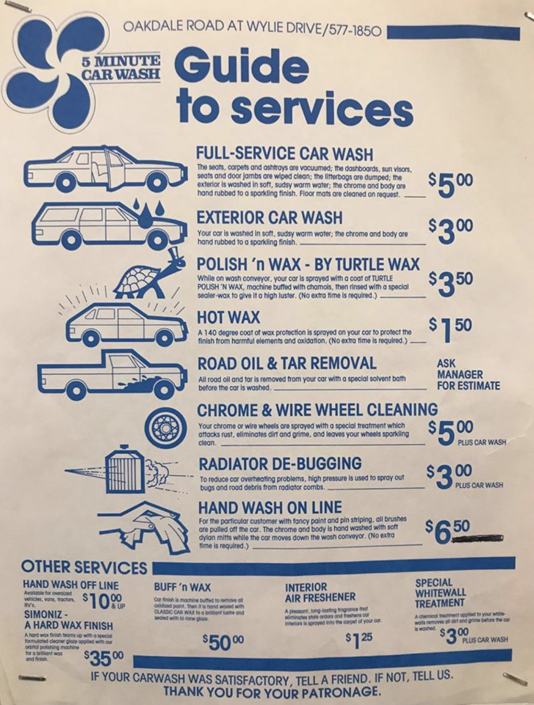 5 Minute CarWash Price Sheet, Early 1980's.