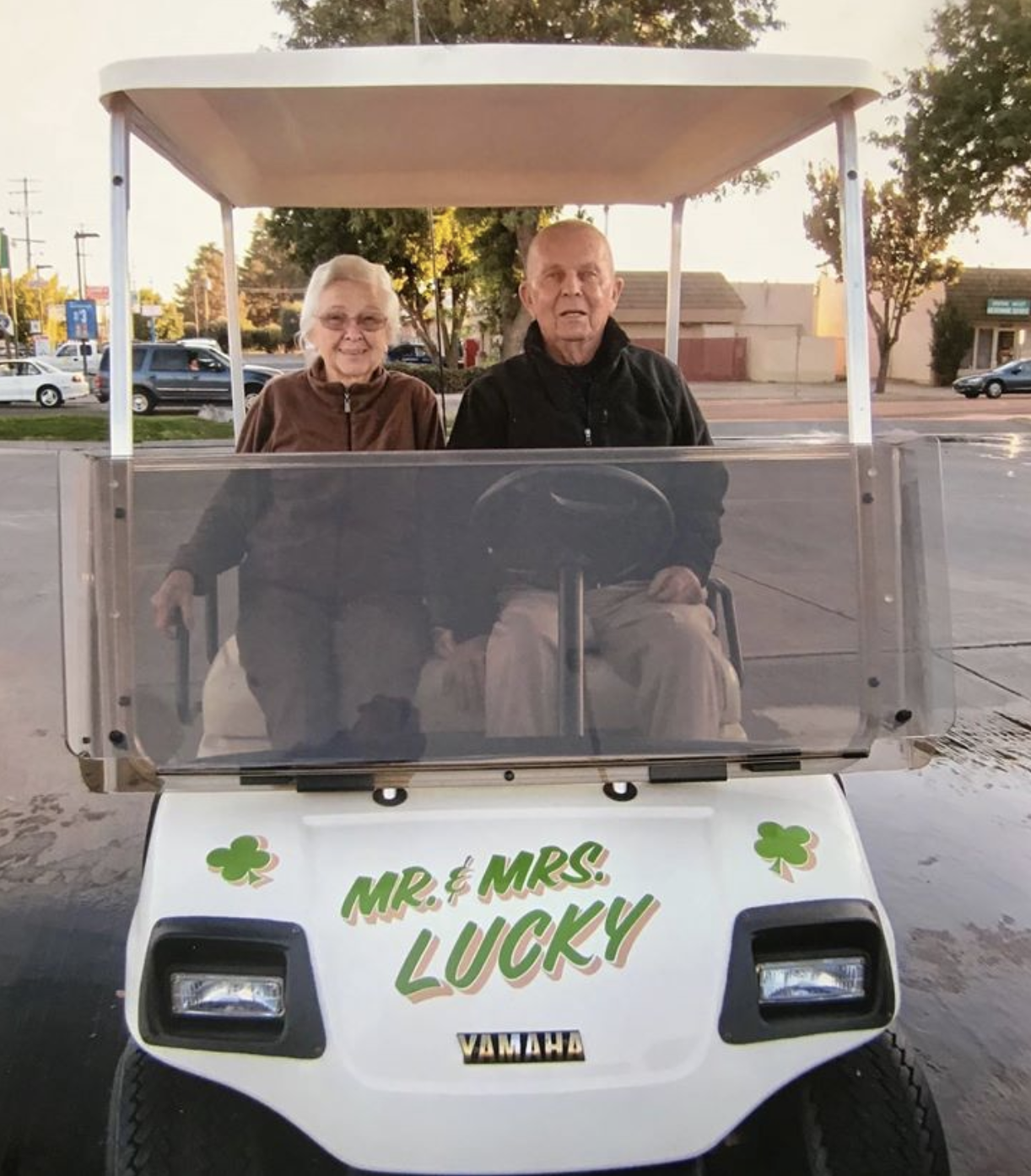 Charles Fenley and wife Ann in their golf cart, 2014. Mr. Fenley and his wife celebrated 70 amazing years of marriage!